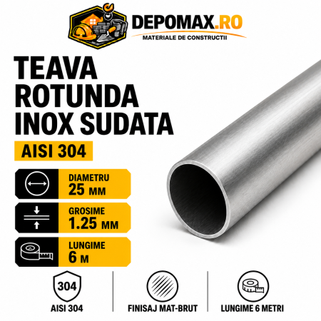 Teava rotunda inox sudata AISI 304, 25 x 1.25 mm, 6 metri